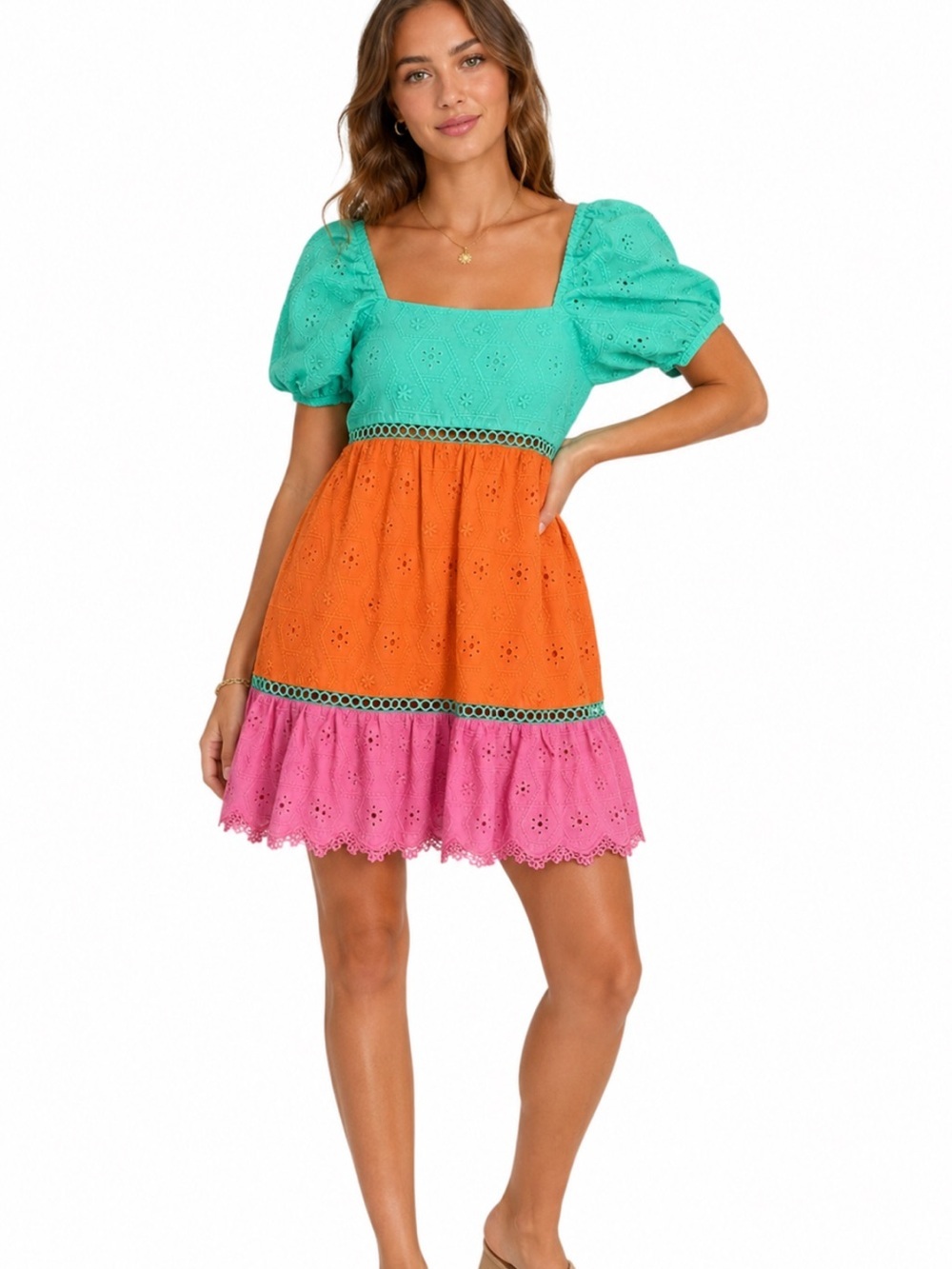 Greylin Anthropologie Colorblock Eyelet Mexican Puff Sleeve Tiered Mini Dress